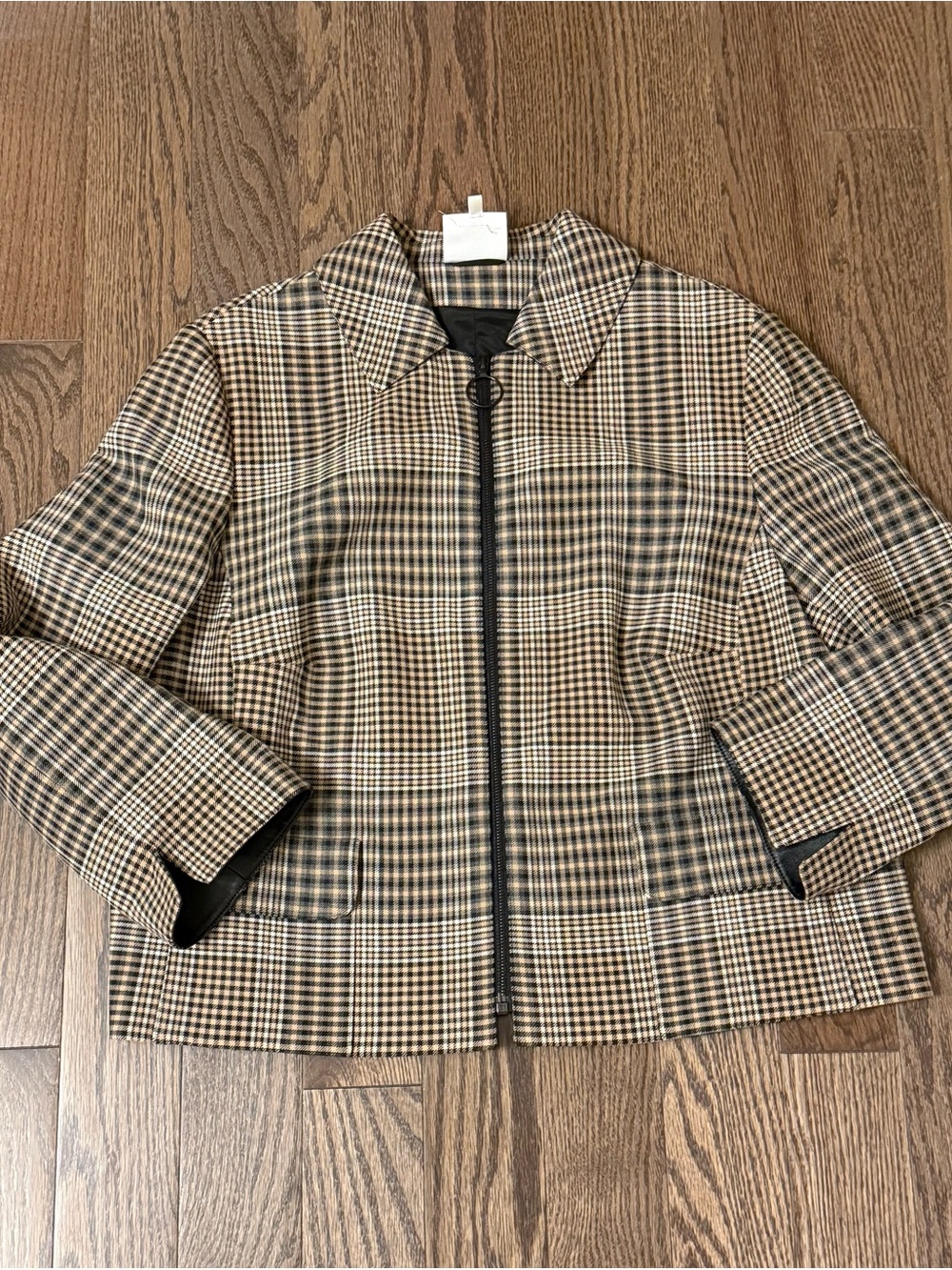 WOMENS AKRIS PUNTO PLAID ZIP JACKET WITH FAUX LEATHER TRIM, SIZE 16 US
